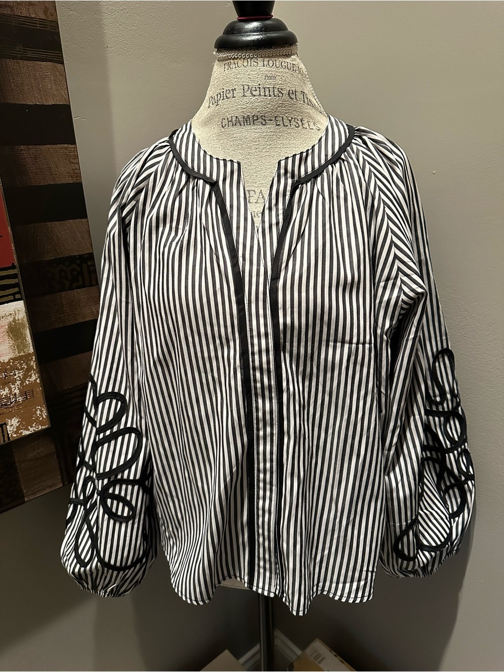 Glam Distressed Black & White Striped Balloon Sleeve Blouse with Floral Detail